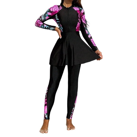 Gpoecd Womens Swimsuit Two Piece Full Length Swimwear Long Sleeve Rash Guard with Swim Pants and Zipper for UPF Sun Protection Womens Swimwear 02_Red,M