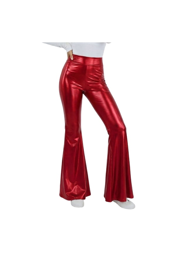Womens Workout Pants Casual High Waist Flare Stretchy Thin Gold Print Trousers Bootcut Bottoms Womens Trousers 01_Red,S