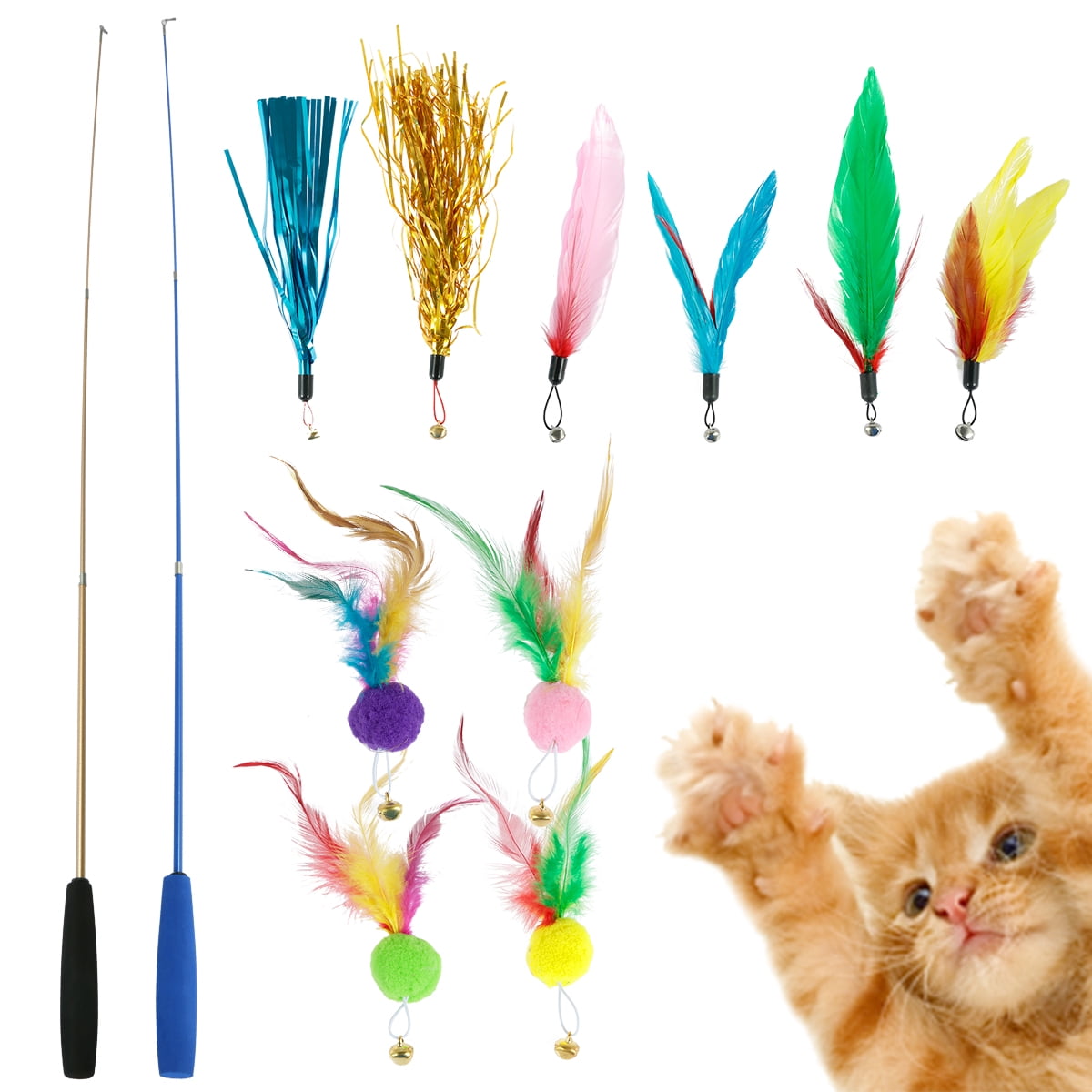 Gpoty 10 Pcs Cat Toys Set Cat Wand Toys Interactive Cat Feather Wand