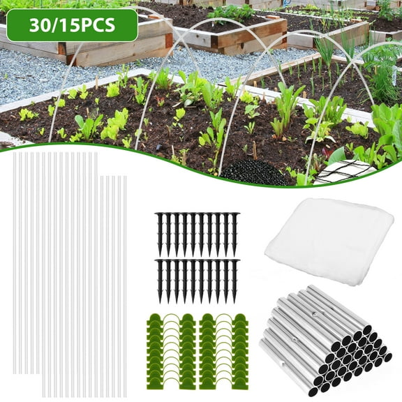 Gpoty Garden Hoops Bracket Kit,30/15Pcs Greenhouse Hoop Garden Netting Kit with Clips for DIY 20-33ft Grow Tunnel, Garden Hoops for Raised Beds, Fiberglass Support Hoops Frame,Gardening Supplies