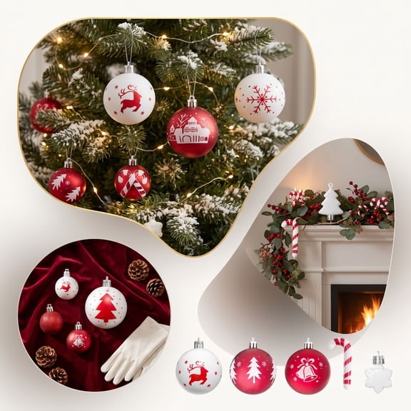 Gqqkzmb Christmas Ornaments Set, 44Pcs Shatterproof Red&White Christmas Balls Ornaments Traditional Xmas Tree Ornament Including Elk Snowflake Pine Patterns