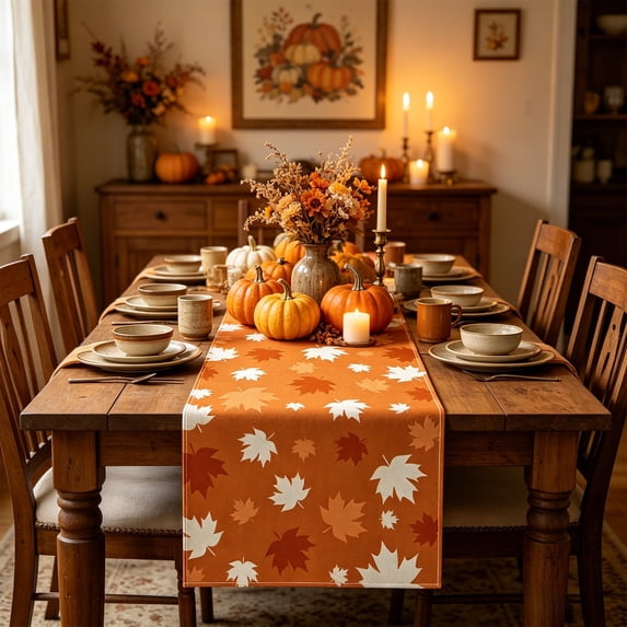Gqqkzmb Fall Table Runner Decorations, Pumpkin Maple Leaf Thanksgiving Harvest Decor | Linen Orange Table Runner for Thanksgiving Dinners, Fall Parties, Indoor Outdoor Home Autumn Decor 13 x 71 Inch