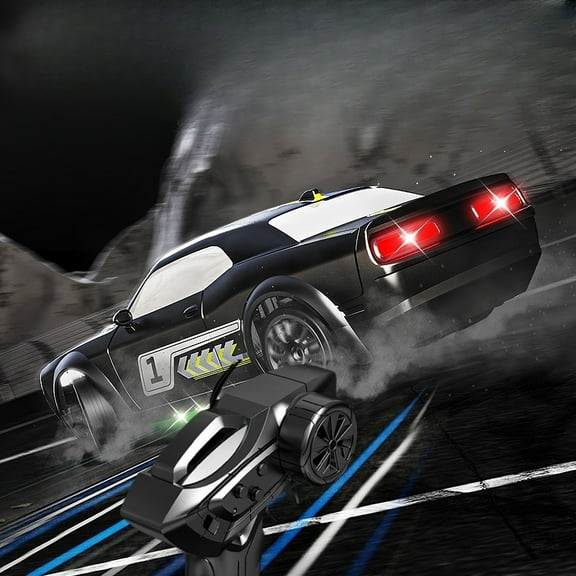 Gqtwoy 1:20 Scale High-Speed Remote Control Drift Car with LED Lights, All-Terrain Wheels, USB Charging - Red and Black Sports Car Toy for Ages 6+, 30m Control Range, Includes Barriers