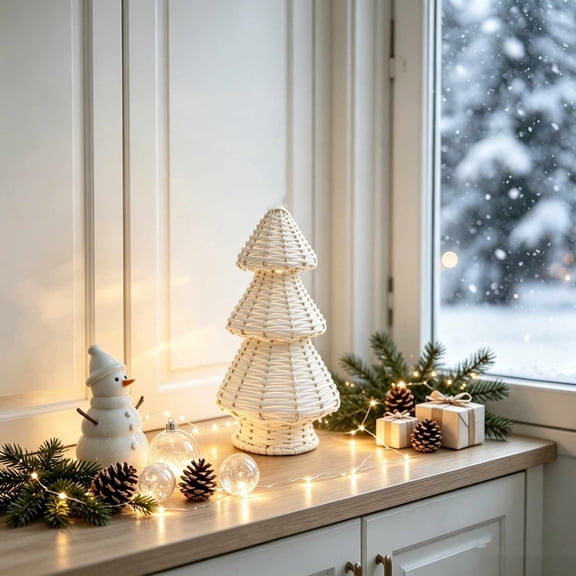 Gqtwoy 10.6 Inch Woven Imitation Rattan Christmas Tree, 3 Layer Tabletop Tree with Steel Base, Rustic Mantel Shelf Centerpiece Decor, Perfect for Christmas Decoration
