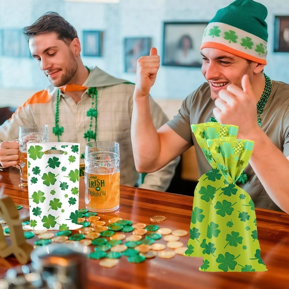 Gqtwoy 10Pcs St. Patrick's Day Shamrocks Gift Bags, Party Decoration, Candy Boxes, Ideal for Treats and Favors, Food-Safe, Durable and Waterproof, Perfect for St. Patrick's Day Celebrations