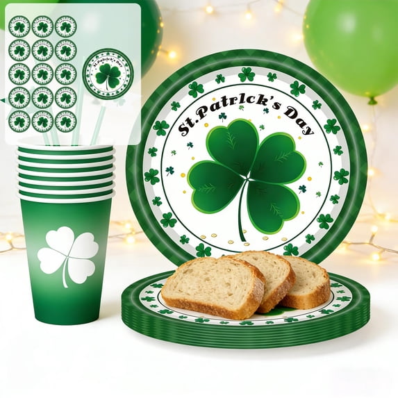 Gqtwoy 16Pcs St. Patrick's Day Disposable Tableware Set, Green Trefoil Themed Paper Plates Cups Tissues, 7/9 Inch Food-Grade Party Tableware, Irish Holiday Party Decor Supplies Set