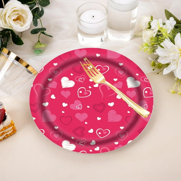 Gqtwoy 16Pcs Valentine's Day Disposable Paper Plates Set, Romantic Party Tableware, Irregular Shaped Cutlery, Elegant Disposable Utensils for Weddings, Anniversaries & Special Occasions