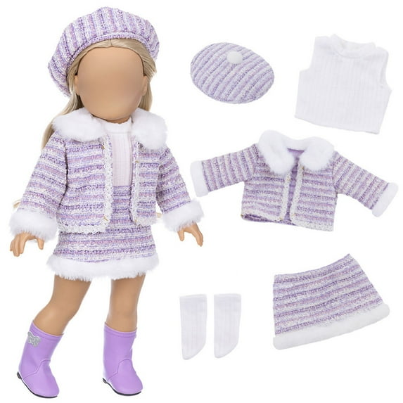 Gqtwoy 18in Doll Winter Clothing Set, Soft Plaid Coat & Beret Hat Outfit, Breathable Cloth Doll Clothes, Stylish Collector Gift, Doll Photography/Display Outfit, Mix-Match Doll Wardrobe Accessory
