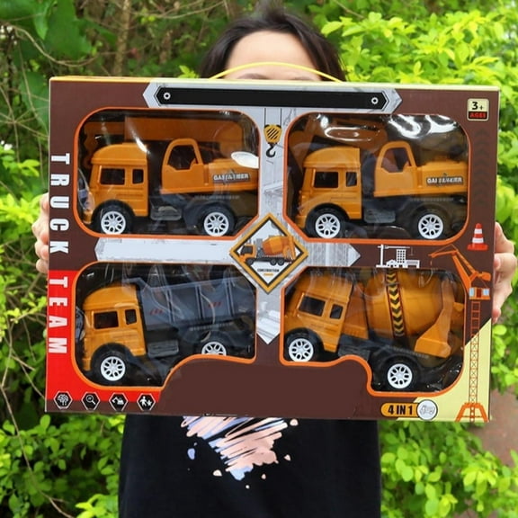 Gqtwoy 4Pcs Construction Vehicles Toys, Plastic Engineering Construction Trucks for Boys Age 3 4-7 8 9 Years Old, Kids Play Trucks Birthday Party Supplies Cake Toppers