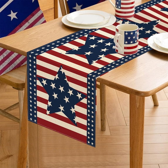 Gqtwoy 4th of July Table Runner, Independence Day Decor, Patriotic Decorations, Red White and Blue Polyester Table Cloth for Kitchen Living Room Fireplace Holiday