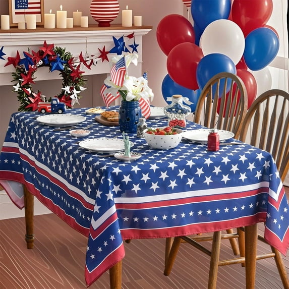 Gqtwoy 4th of July Tablecloth, Patriotic Decorations, Independence Day Table Cover, Red White and Blue Polyester Table Cloth, Holiday Kitchen Dining Decoration for Living Room Fireplace Cabinet
