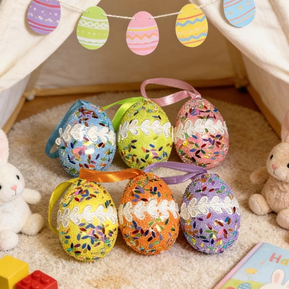 Gqtwoy 6 Pack Easter Egg Hanging Ornaments, Colorful Spring Decoration, Decorative Ornaments for Trees and Wreaths, Perfect for Indoor and Outdoor Easter Decor, Floral Easter Egg Ornaments