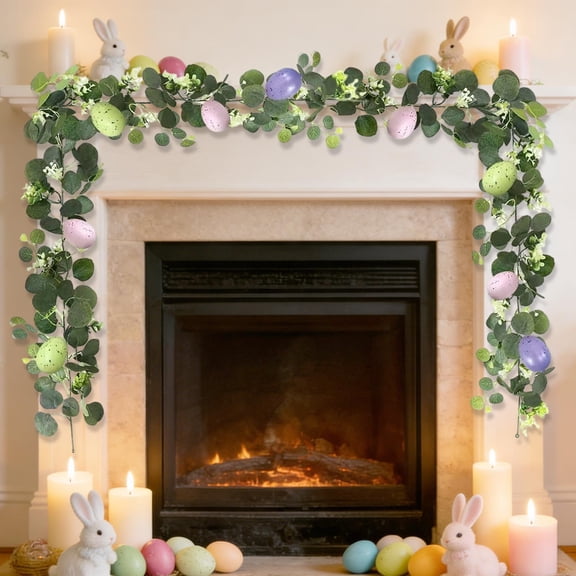 Gqtwoy Artificial Easter Garland, Easter Decoration, Easter Wreath, Multicolor Garland for Weddings, Events, Indoor and Outdoor Decor, Festive Spring Decoration, Plastic Leaves with Eggs and Bow