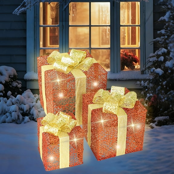 Gqtwoy Christmas Lighted Boxes Set of 3, LED Light Up Decor, Outdoor Christmas Decorations, Metal Gift Box for Holiday Decor, Waterproof Illuminated Present for Home and Yard