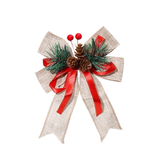 Gqtwoy Christmas Tree Top Bow Faux Linen Decoration, Black and Beige Checkered Bow, Christmas Ornaments, Holiday Decor, Festive Home Decoration, Reinforced Stitching, Pine Cones Accent