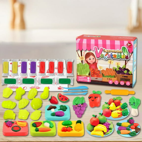 Gqtwoy Cross-border Colored Mud Fruit and Vegetables DIY Pizza Hamburger Molds, Non-toxic Plasticine Modeling Clay, Creative Play Dough Set for Food-Shaped Fun, Educational Molds with Storage Box