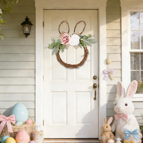 Gqtwoy Easter Bunny Floral Wreath, Artificial Wicker Door Decor, Spring Home Accent, Multicolor Easter Decorations, LED Lighted Centerpiece, Rattan Flower Arrangement