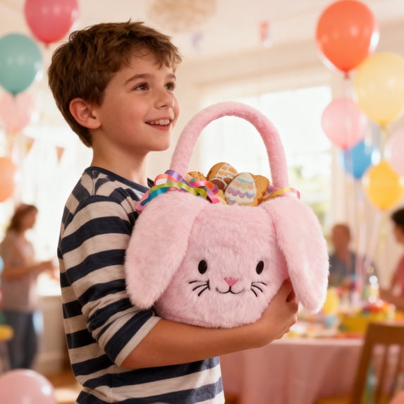 Gqtwoy Easter Bunny Plush Basket, Portable Candy Gift Bag, Cute Bunny Decoration, Versatile Storage for Mini Toys, Soft Faux Fur Design, Easy to Clean