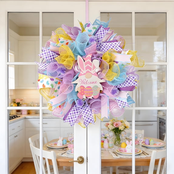 Gqtwoy Easter Dwarf Bunny Mesh Wreath, Decorative Door Hanger, Spring Decor, Home Decoration, Versatile Easter Wreath for Festivals and Celebrations, Durable and Beautiful Holiday Decoration