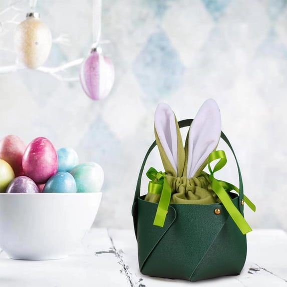 Gqtwoy Easter Rabbits Ears Leather Bucket Eggs Bag, Festival Decoration Gift, Unique Bunny Ear Design, Detachable Velvet Interior, Perfect for Holiday Gatherings
