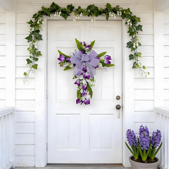Gqtwoy Easter Tulips Bows Crosses Wreath, Spring Wall Decoration, Holiday Door Hangers, Versatile Home Decor, Easter Festive Wreath, Durable and Reusable Decor