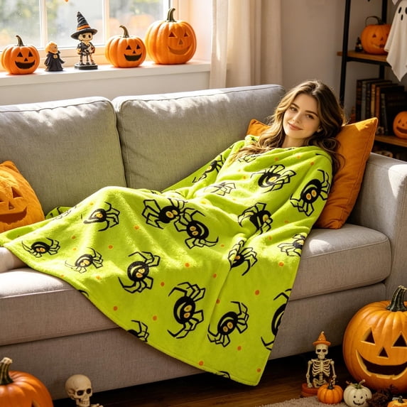 Gqtwoy Halloween Flannel Throw Blanket, Ghost Pumpkin Print, Washable Sofa Bed Blanket, All Season Cozy Throw, Soft Decorative Blanket, 40×30in