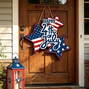 Gqtwoy Happy 4th of July Wooden Star Hanging Sign, Patriotic Door Decor, USA Flag Star Sign, Independence Day Decoration, Vintage Script Lettering, Home Entryway Decor