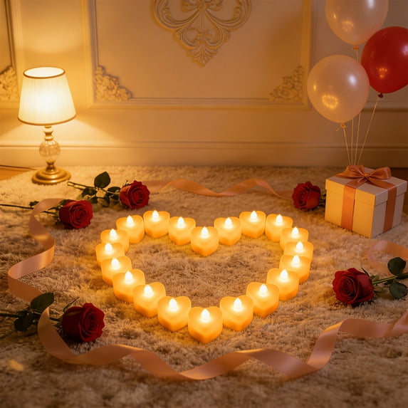 Gqtwoy Heart Shaped LED Candles - 24 Pack Flameless Tea Lights with Realistic Flickering, Battery Operated Decorative Lights for Wedding, Party, Valentine's Day, Christmas, Home Decor