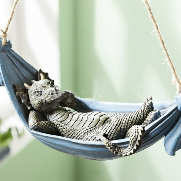 Gqtwoy Lovely Hanging Hammock Swing Dinosaur Statues,Hanging Sleeping Dragon Sculptures, Sleepy Dragon in Swing Leaf Hammock Resin Ornaments Figurines for Branch Lawn Patio Decor