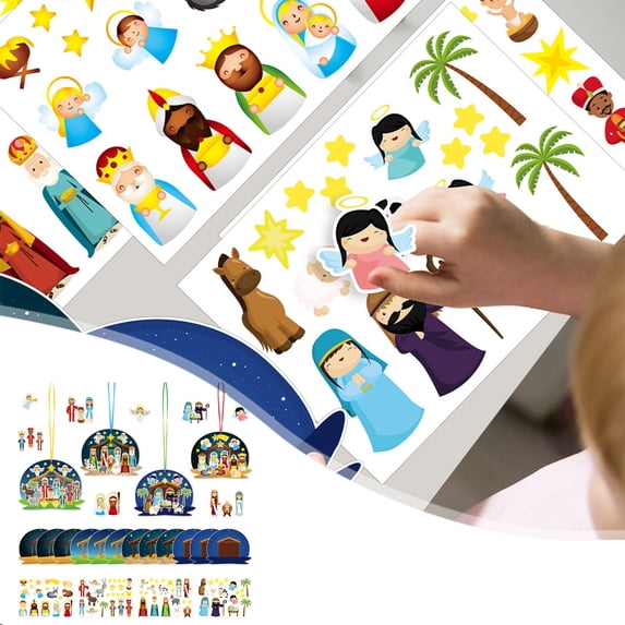 Gqtwoy Nativity Scene Stickers for Kids, Religious Christmas Party Decoration Stickers, Holiday Storytelling and Craft Kit, 12 Stickers, 12 Background Cards, 12 Ribbons, Fun Nativity Party Game