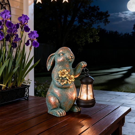 Gqtwoy Outdoor Solar Lights Easter Bunny Resin Solar Garden Decor, Solar Powered Rabbit Statue, Decorative Garden Light for Courtyard and Balcony, Charming Easter Gift for Home Decoration