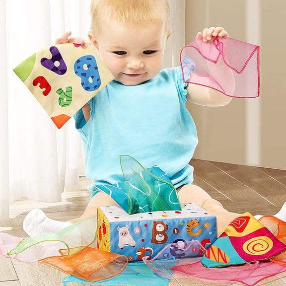 Gqtwoy Soft Stuffed Sensory Tissue Box for Kids with Teether, High Contrast Scarves with Crinkle Paper, Educational Preschool Learning Toys for Vision, Hearing, and Motor Skills Development