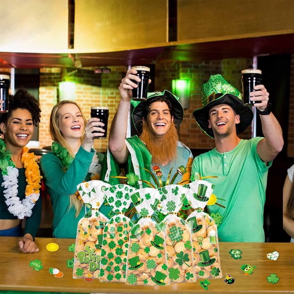 Gqtwoy St. Patrick's Day Green Candy Gift Bags, Clover & Green Hat Themed PVC Treat Bags, 50Pcs Cookie Favor Bags with Ties, Irish Holiday Party Goodie Bags