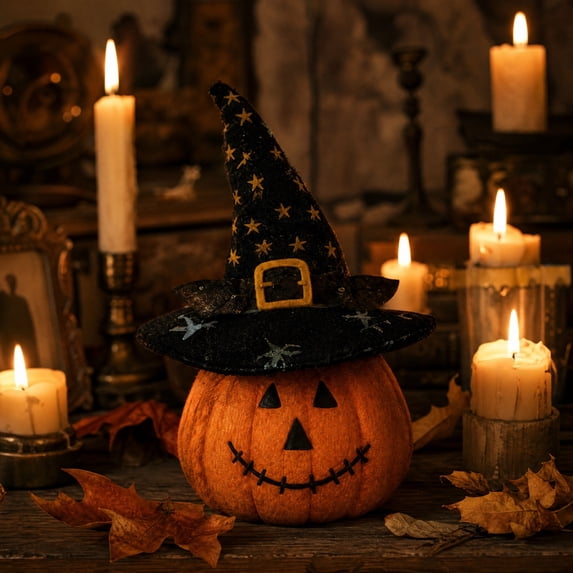 Gqtwoy Witch Hat Pumpkin Decor Set, Rustic Tabletop Decor, Vintage Halloween Centerpiece, Soft Fabric Pumpkin with Floral Hat, Tiered Tray and Shelf Decoration