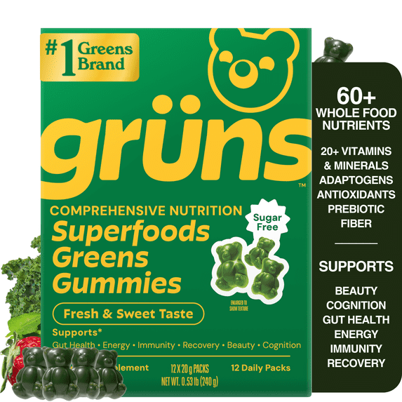 Gruns Adult Superfood Greens Gummies, Sugar-Free, 21 Vitamins & Minerals, Prebiotics Fiber for Digestion, Adaptogens, Spirulina Chlorella, 12 Servings