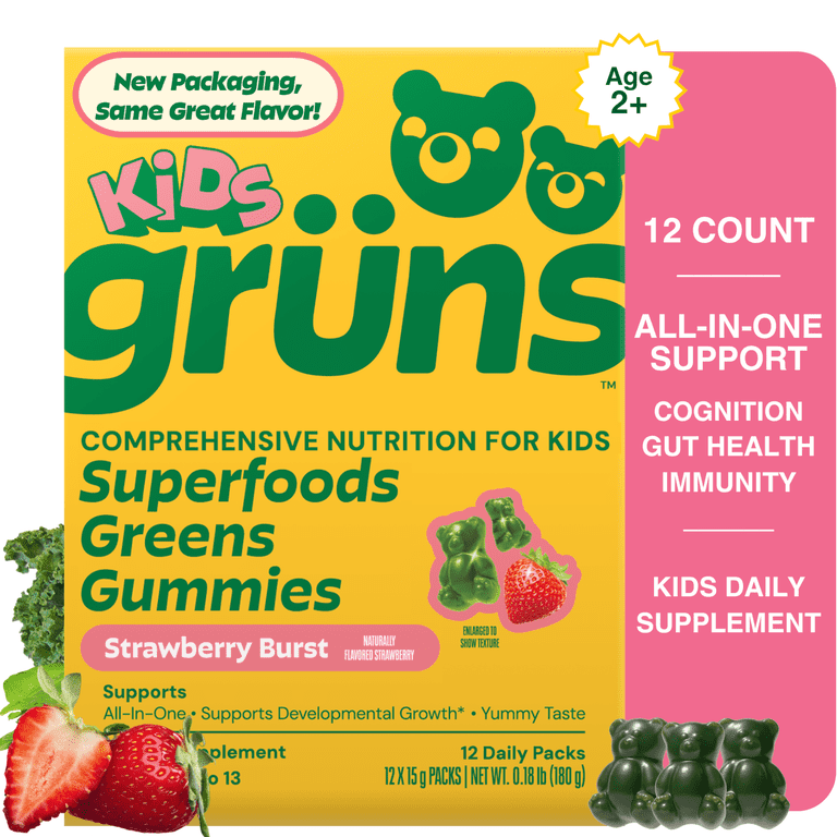 Gruns Kids Superfood Greens Multivitamin Gummies with 4g of Fiber for Ages 2+, 12 Count