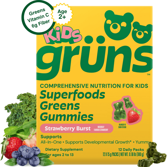 Gruns Kids Vitamin Super Greens Gummies, Made with 60 Organic Ingredients, 21+ Vitamins & Minerals, Prebiotics, Adaptogens, Spirulina & Chlorella, Ages 2+, 12 Servings