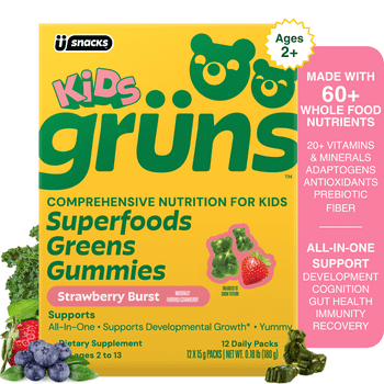 Gruns Kids Superfood Greens Multivitamin Gummies with 4g of Fiber for Ages 2+, 12 Count