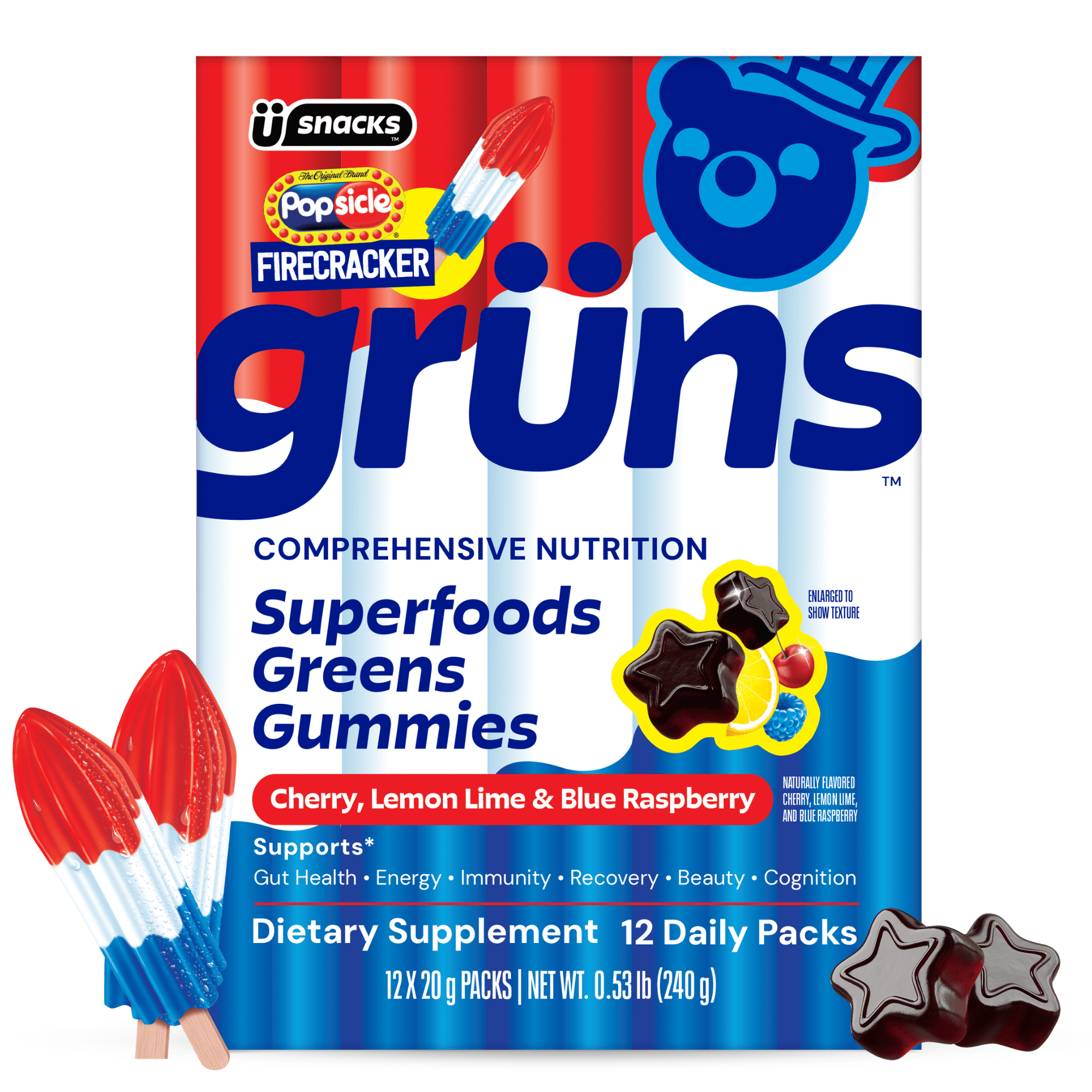 Gruns Firecracker Popsicle Low Sugar Superfoods Greens Gummies - 12 Servings