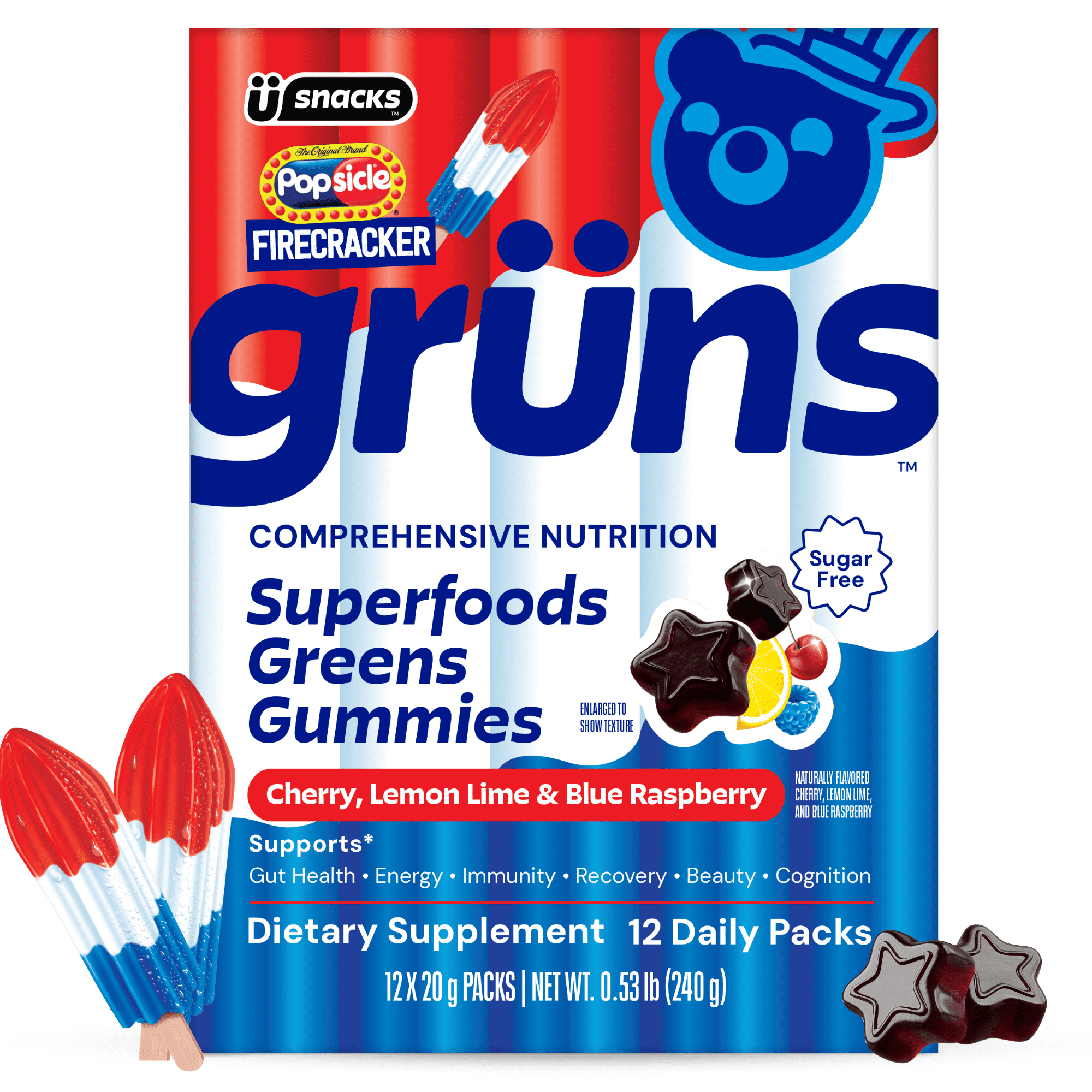 Gruns Firecracker Popsicle Sugar Free Superfoods Greens Gummies - 12 Servings