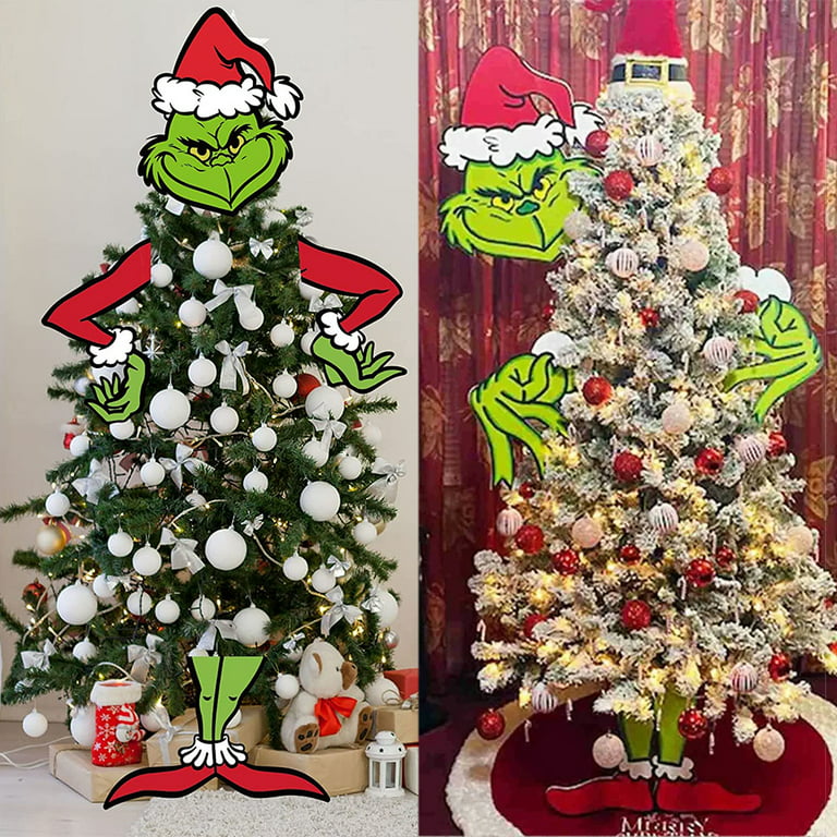 4Pcs Christmas Tree Topper Decor - Grinchmas Decor for Fence Garage Holiday  Xmas Home Party Decor