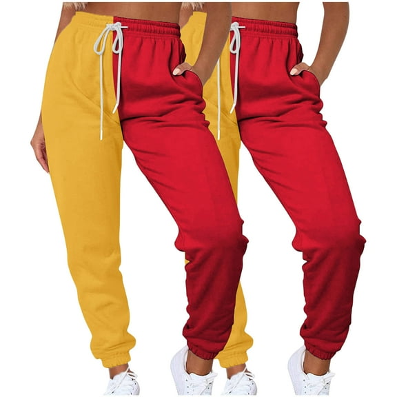 GrRotKP 2PC Casual Pants for Women Elastic Waist Pants Patchwork Color Sweatpants Porosity Comfy Pants with Drawstring Ladies Winter Pants M