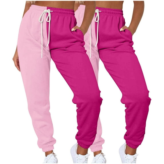 GrRotKP 2PC Casual Pants for Women Elastic Waist Pants Patchwork Color Sweatpants Porosity Comfy Pants with Drawstring Ladies Winter Pants S