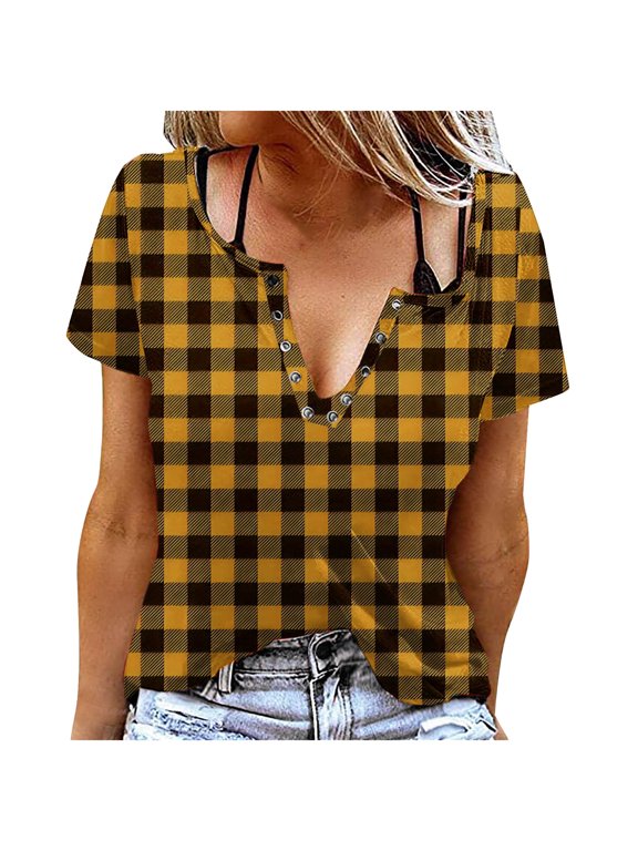 Shirts for Women Basic Tees Dressy Crew Neck Womens Going Out Tops Casual Short Sleeve Blouses Checkered Print Tunic Tops 2025 Summer Ladies Tops S