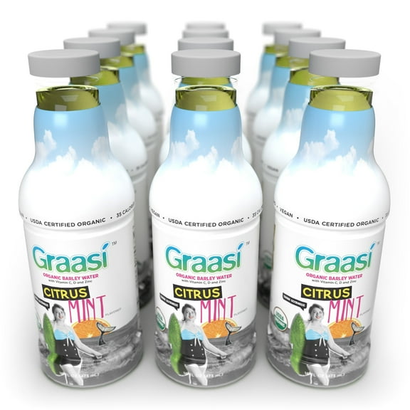 Graasi Organic Barley Grass Water | Hydration Drink with Vitamin C, D, Zinc | USDA Organic, Non-GMO, Vegan | Low-Calorie Wellness Beverage | Citrus Mint | 12 Pack (16 Fl Oz Bottles)