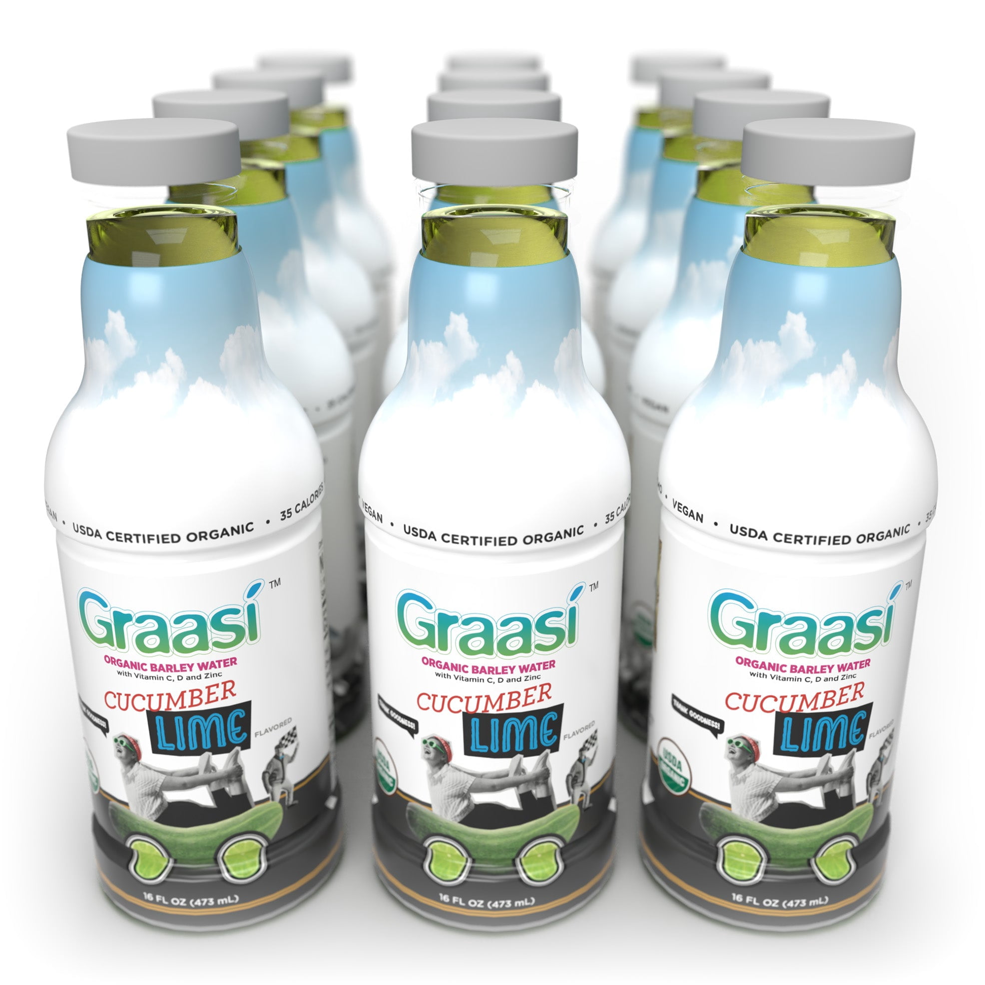 Graasi Organic Barley Grass Water | Hydration Drink with Vitamin C, D, Zinc | USDA Organic, Non-GMO, Vegan | Low-Calorie Wellness Beverage | Cucumber Lime | 12 Pack (16 Fl Oz Bottles)