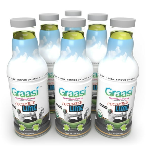 Graasi Organic Barley Grass Water | Hydration Drink with Vitamin C, D, Zinc | USDA Organic, Non-GMO, Vegan | Low-Calorie Wellness Beverage | Cucumber Lime | 6 Pack (16 Fl Oz Bottles)