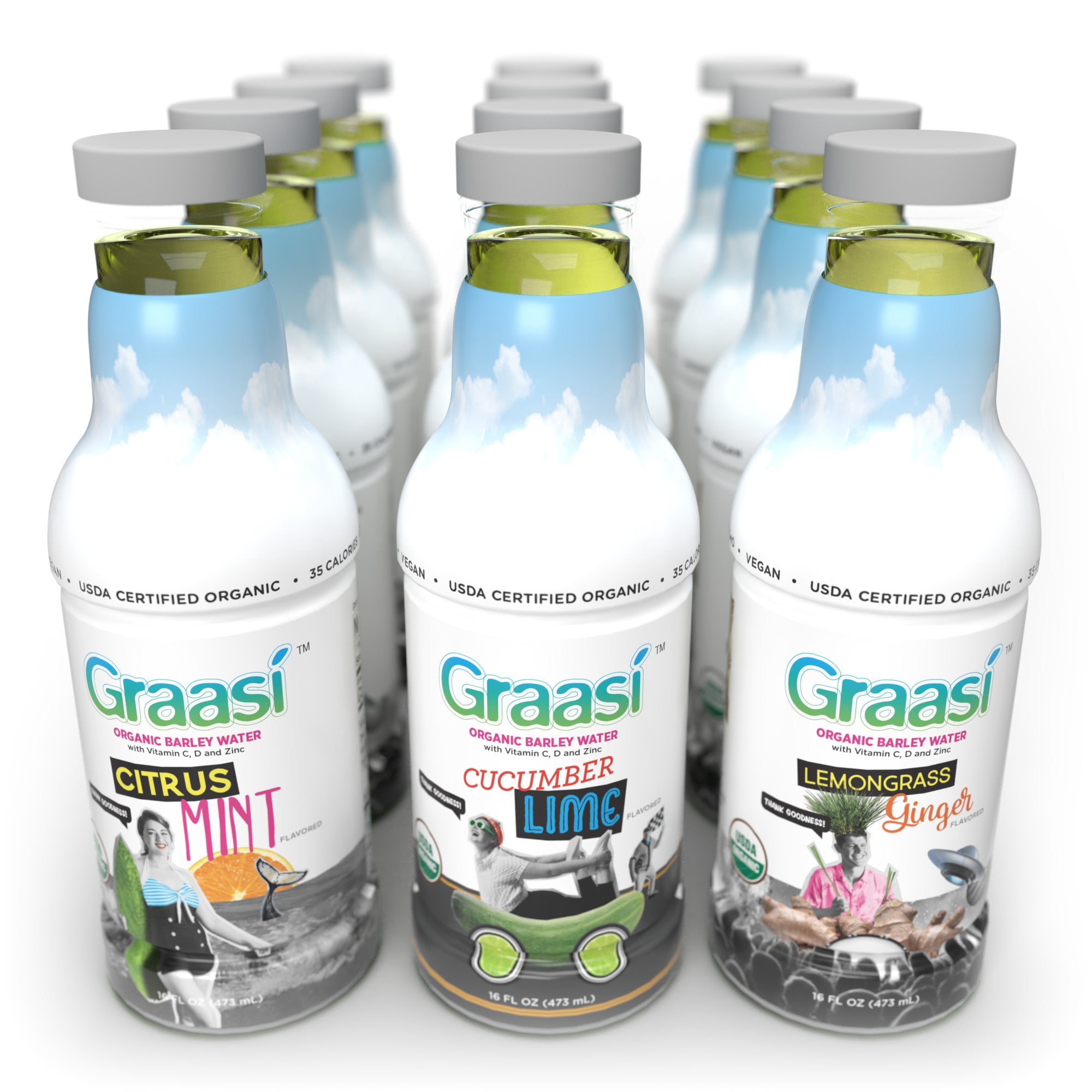Graasi Organic Barley Grass Water | Hydration Drink with Vitamin C, D, Zinc | USDA Organic, Non-GMO, Vegan | Low-Calorie Wellness Beverage | Variety | 12 Pack (16 Fl Oz Bottles)