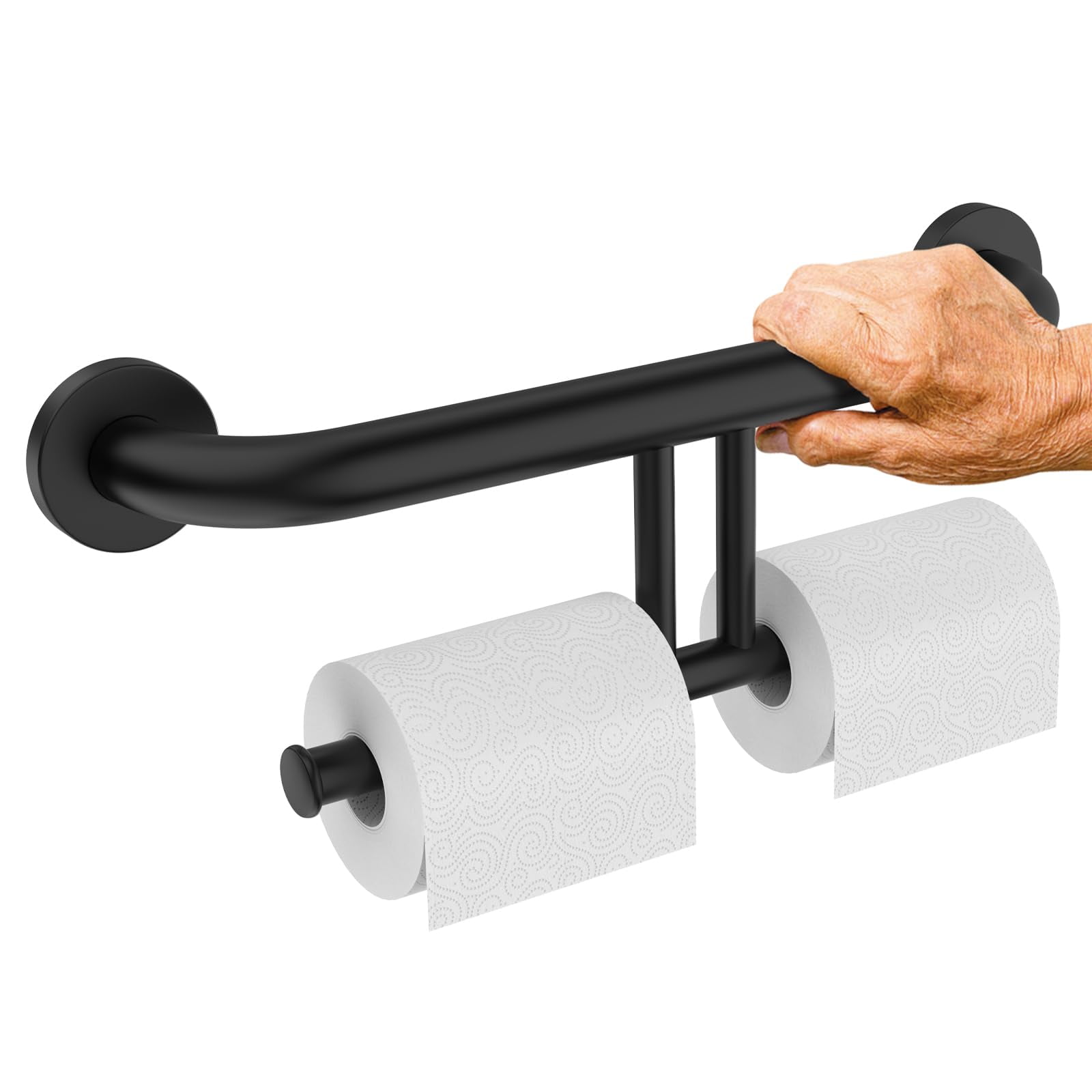 Grab Bar w/Double Toilet Paper Roll Holder Black, ZUEXT Stainless Steel