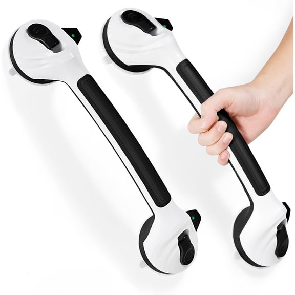 Grab Bars for Bathtubs and Showers, 16.5 Inch Black White Handicap Shower Handle Safety with Indicators, Suction Cup Grab Bar for Shower Chair Stool, Seniors, Elderly (2 Pack)